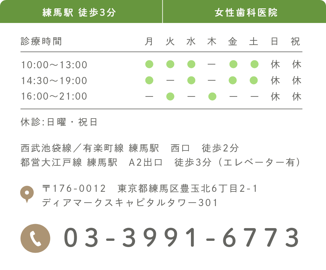 03-3991-6773 練馬駅 徒歩3分 女性歯科医 診療時間 10:00～13:00 14:00～19:00 15:30～20:30 休診:日曜・祝日 ▲木曜日の午後は15:30～21:00まで 西武池袋線／有楽町線 練馬駅　西口　徒歩2分
								都営大江戸線 練馬駅　A2出口　徒歩3分（エレベーター有） 〒176-0012　東京都練馬区豊玉北6丁目2-1 ディアマークスキャピタルタワー301